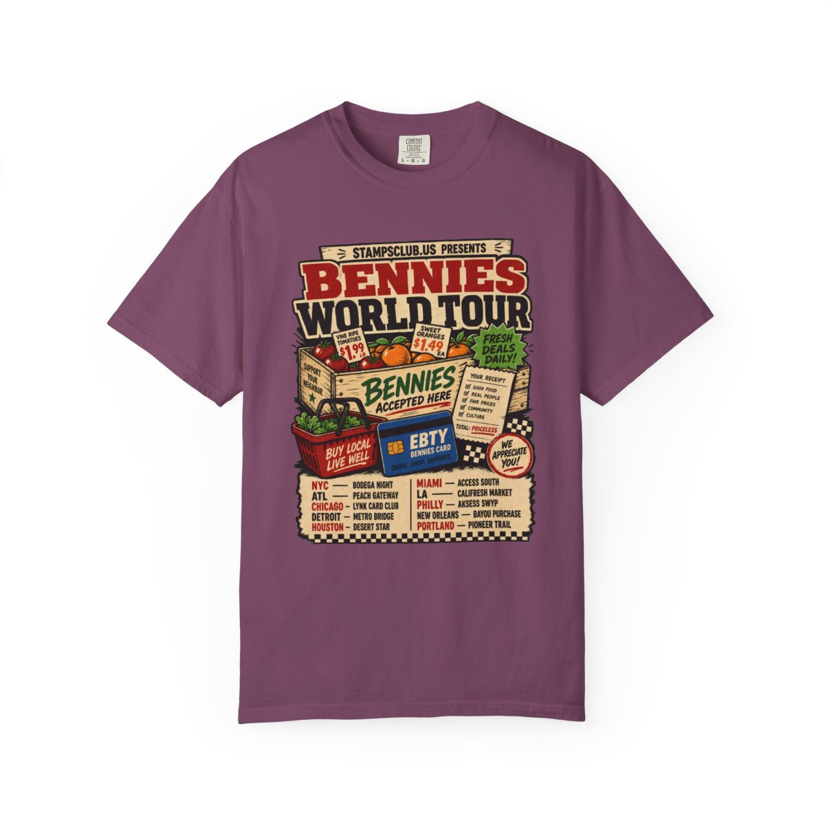 Bennies World Tour FarmersMarket Tee Berry front mockup