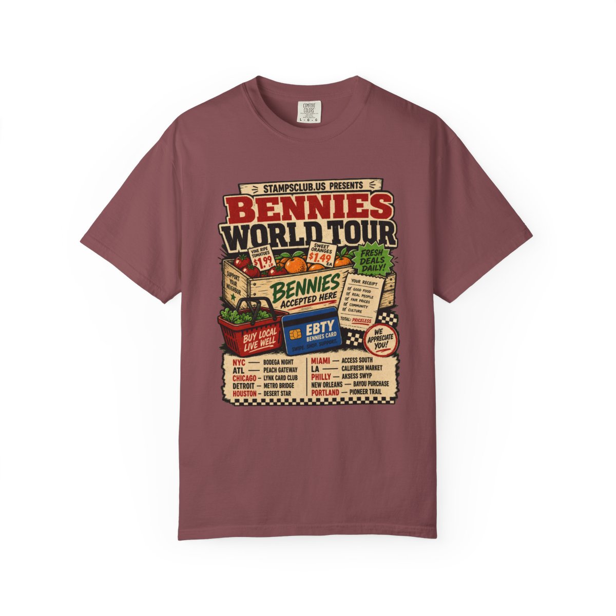 Bennies World Tour FarmersMarket Tee Brick front mockup
