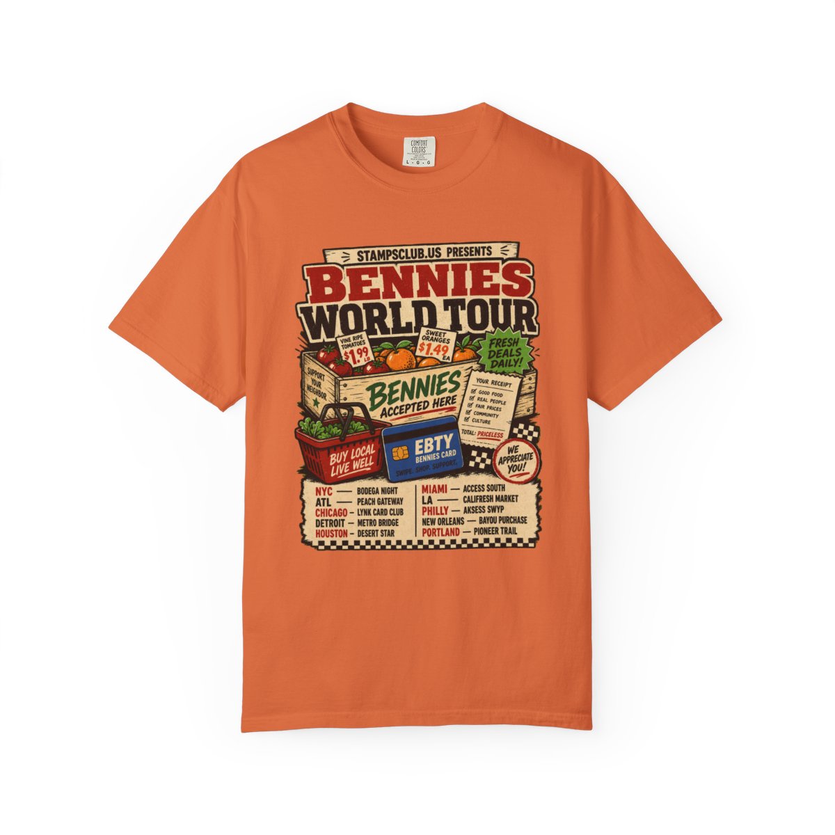 Bennies World Tour FarmersMarket Tee Burnt Orange front mockup