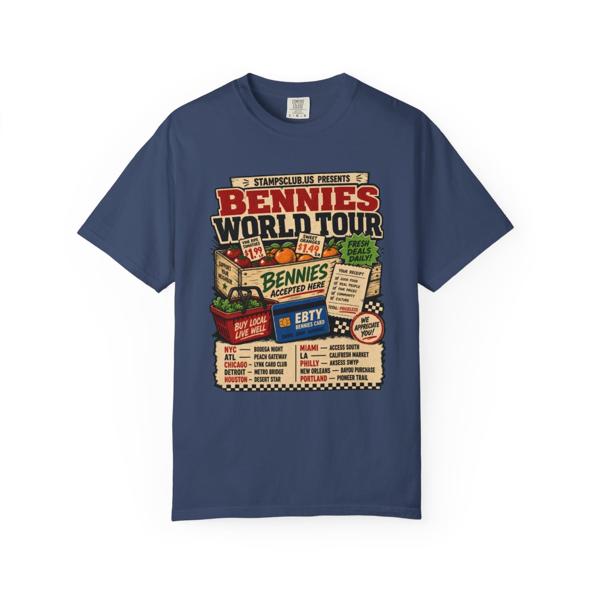 Bennies World Tour FarmersMarket Tee China Blue front mockup
