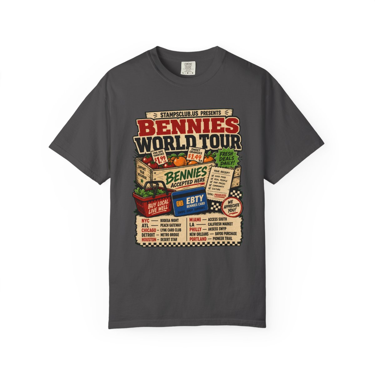 Bennies World Tour FarmersMarket Tee Graphite front mockup