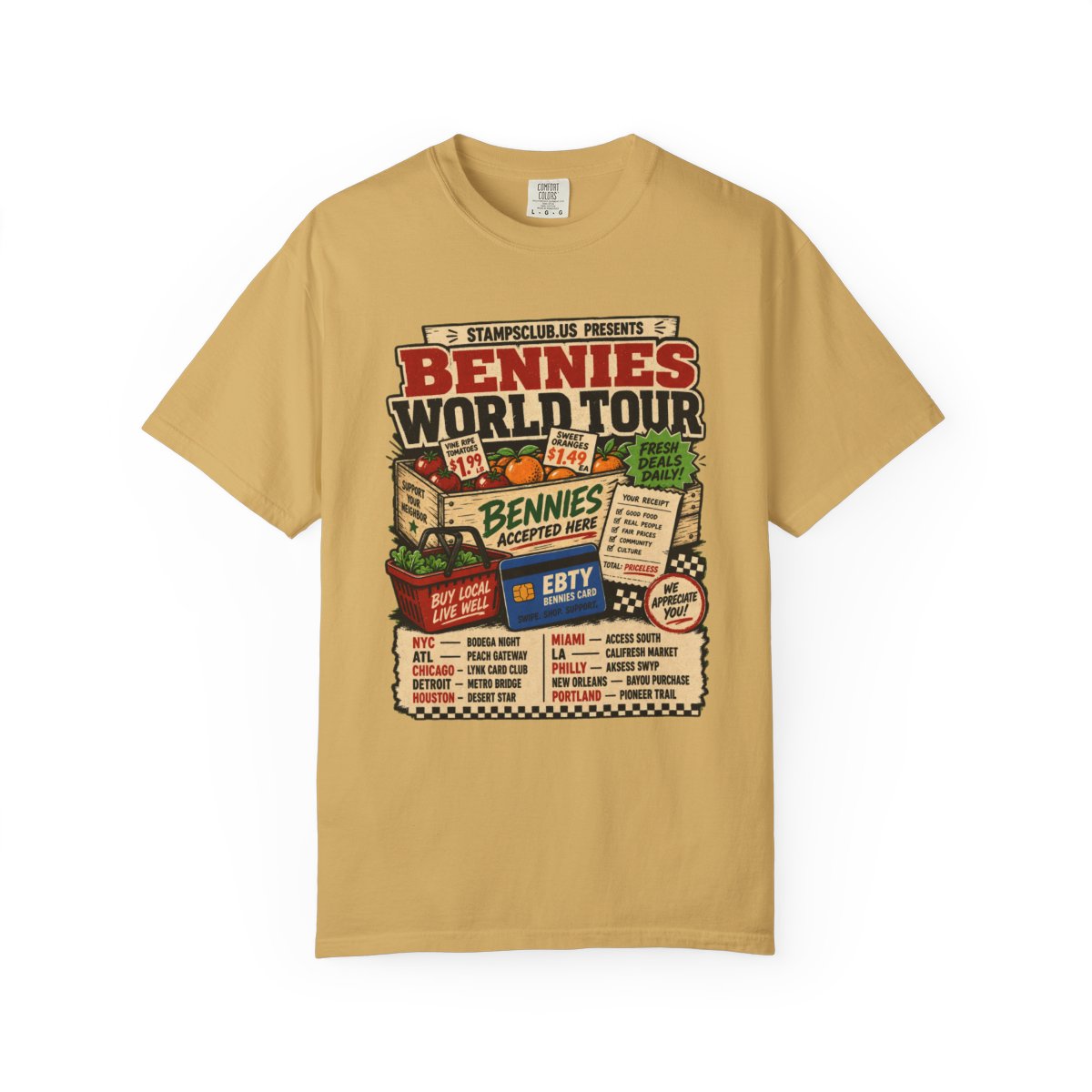 Bennies World Tour FarmersMarket Tee Mustard front mockup