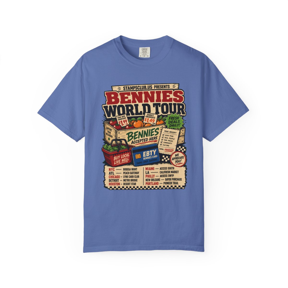 Bennies World Tour FarmersMarket Tee Mystic Blue front mockup