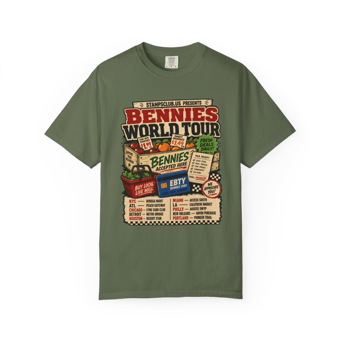Bennies World Tour FarmersMarket Tee Sage front mockup
