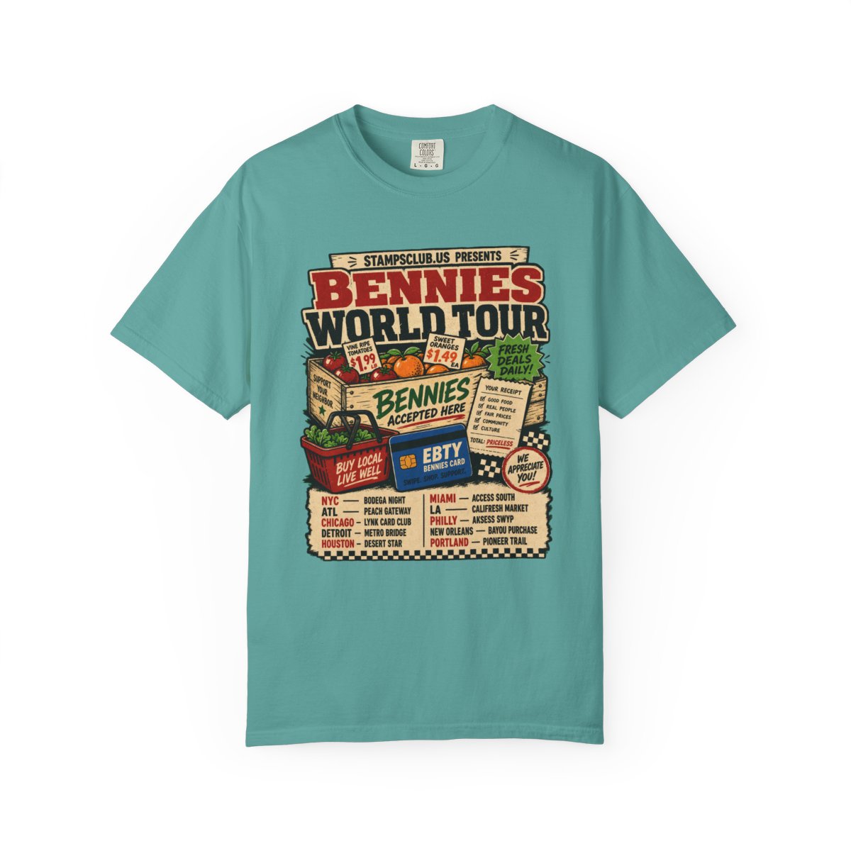 Bennies World Tour FarmersMarket Tee Seafoam front mockup