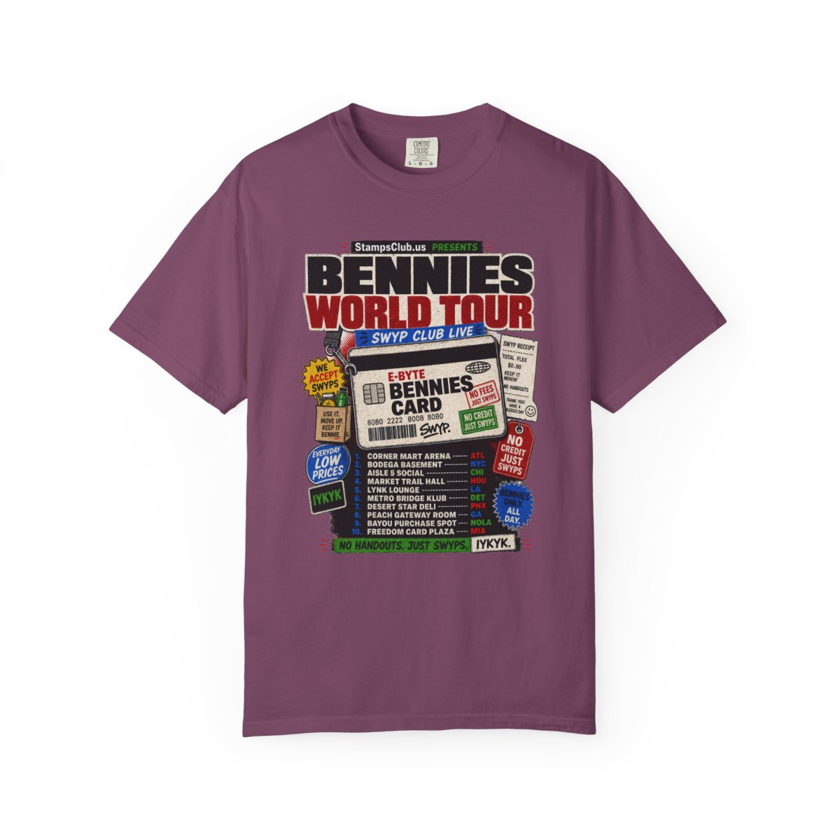 Bennies World Tour Streetwear Tee Berry front mockup