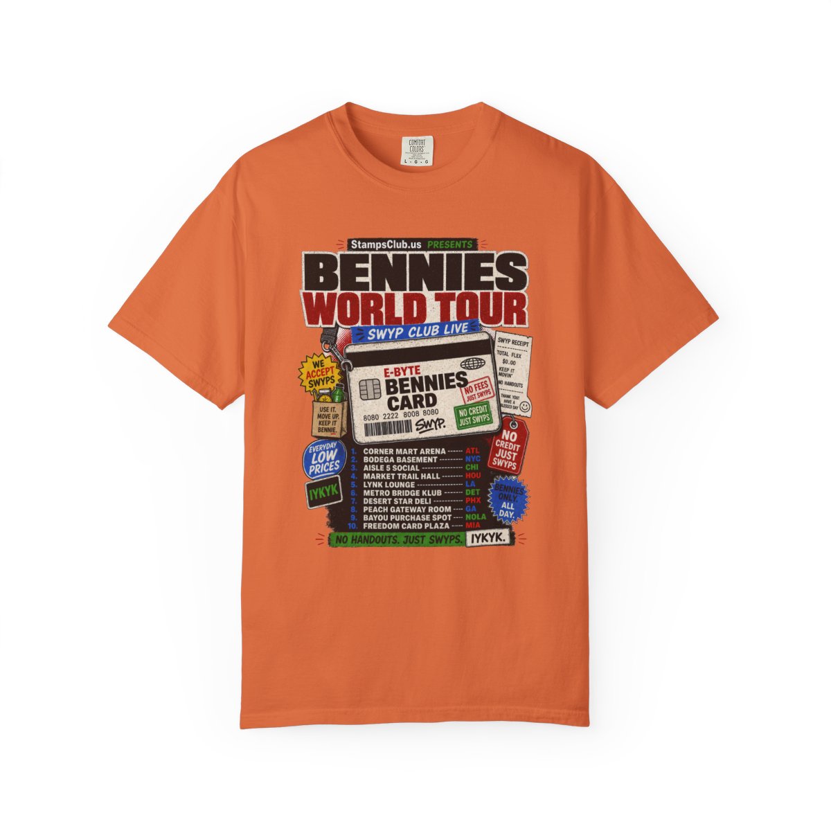 Bennies World Tour Streetwear Tee Burnt Orange front mockup