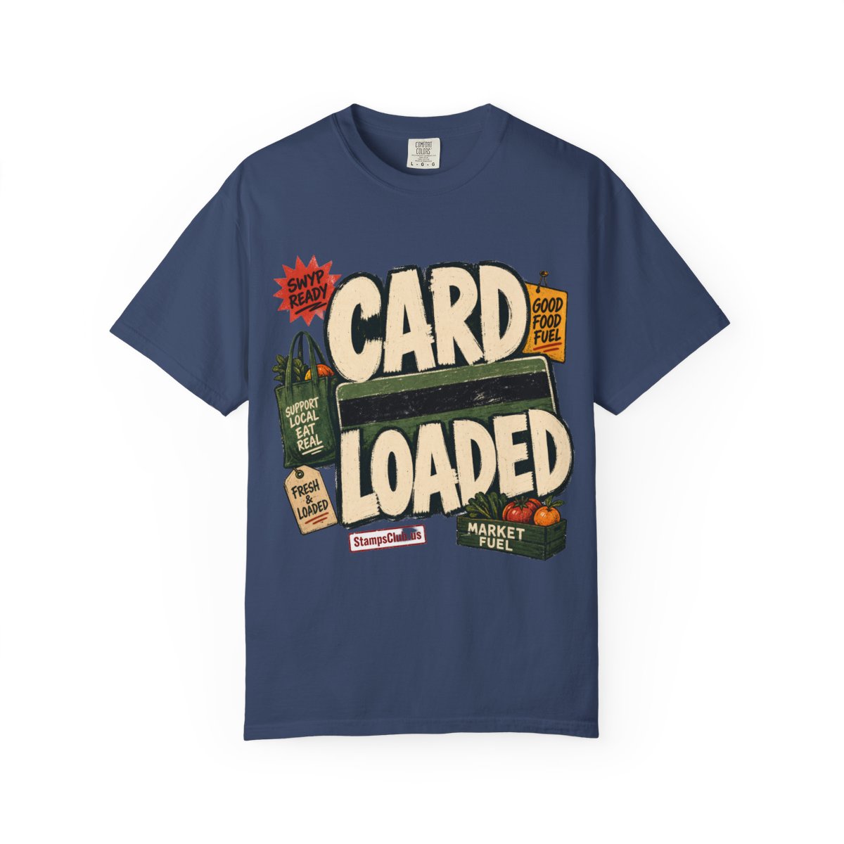 CARD LOADED Big Block Text FarmersMarket Tee China Blue front mockup