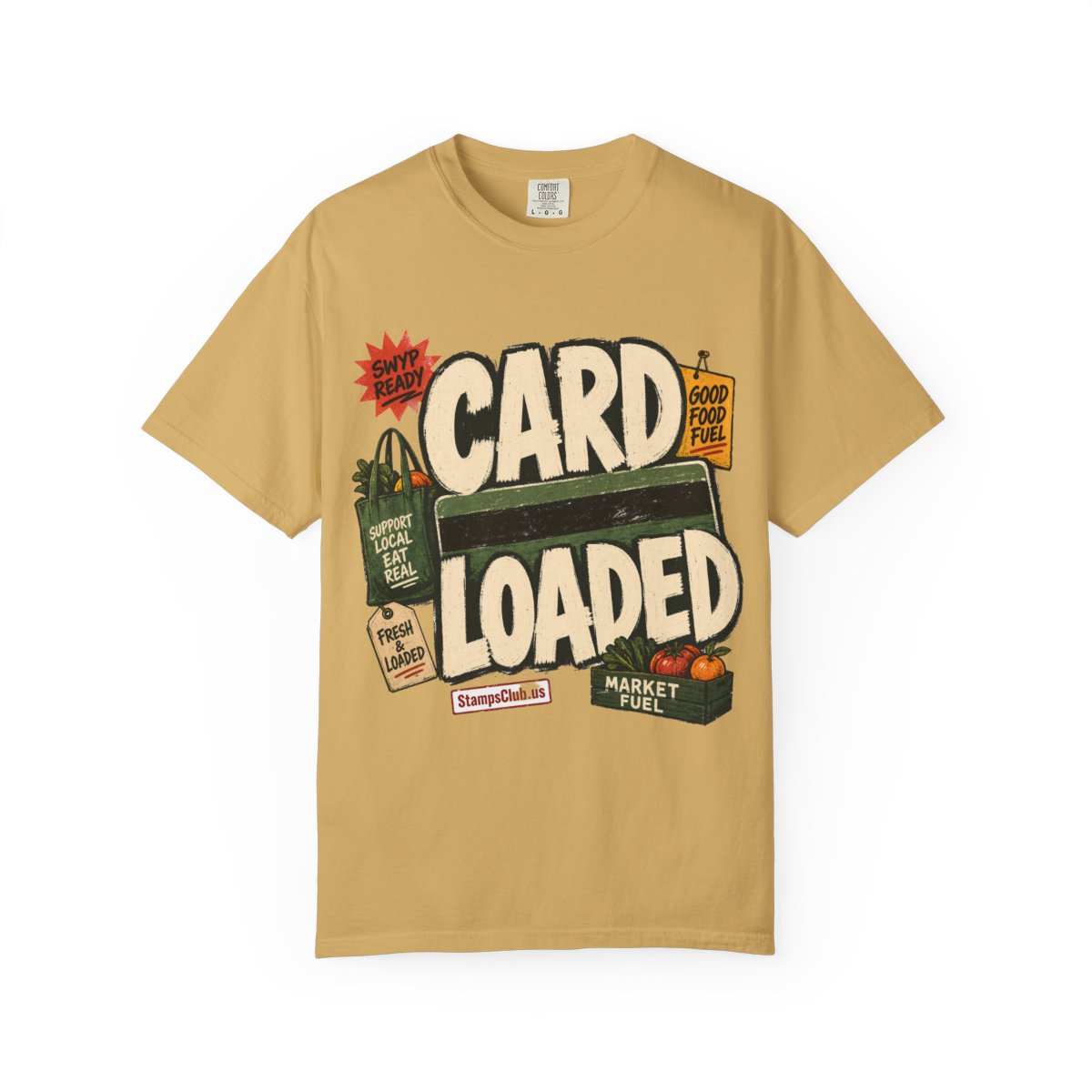 CARD LOADED Big Block Text FarmersMarket Tee Mustard front mockup