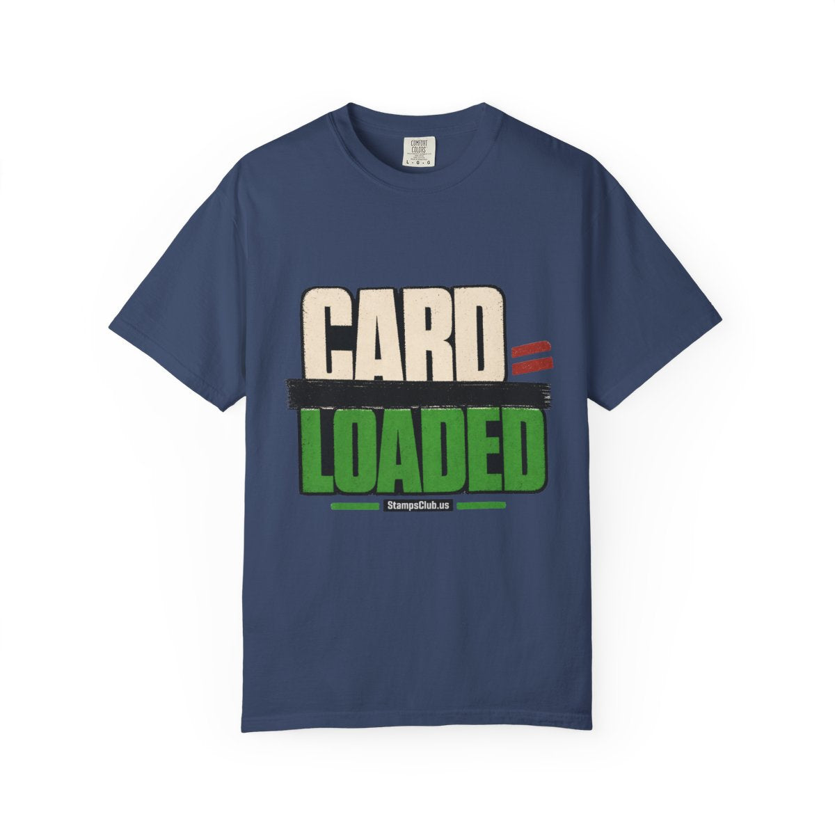 CARD LOADED Big Block Text Minimalist Tee China Blue front mockup