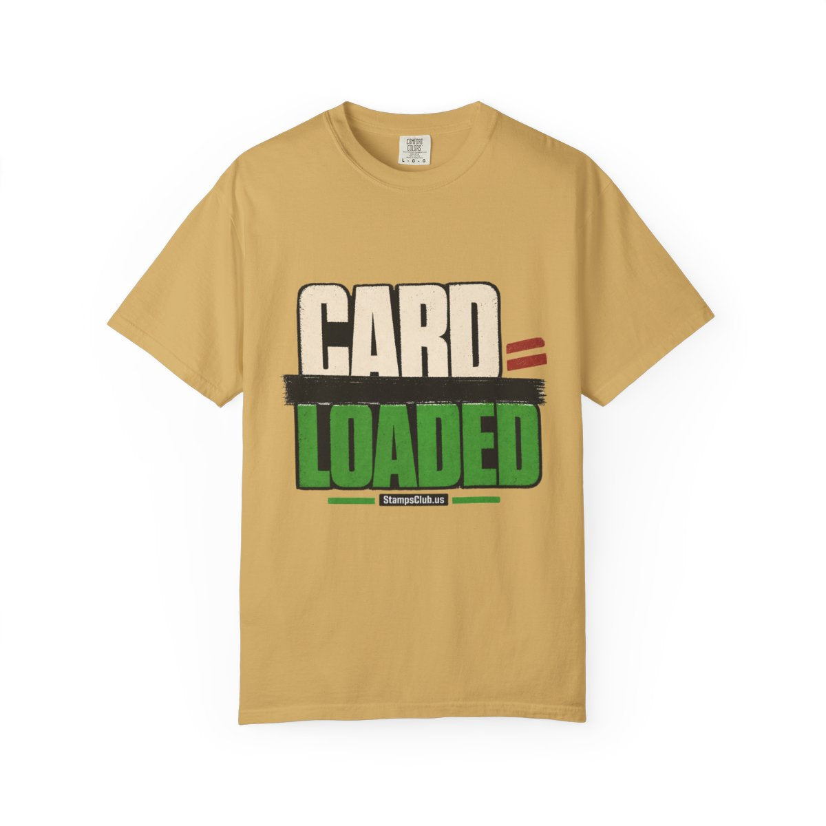 CARD LOADED Big Block Text Minimalist Tee Mustard front mockup