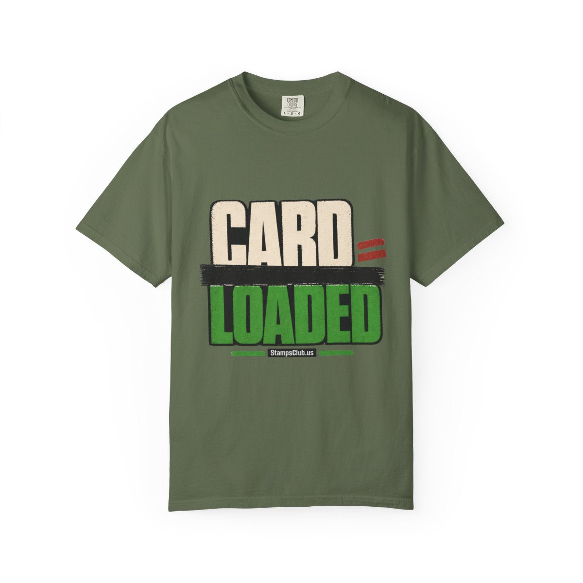 CARD LOADED Big Block Text Minimalist Tee Sage front mockup
