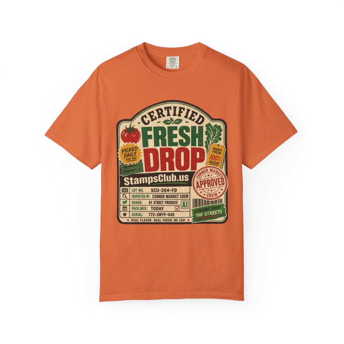 Certified Fresh Drop FarmersMarket Tee Burnt Orange front mockup
