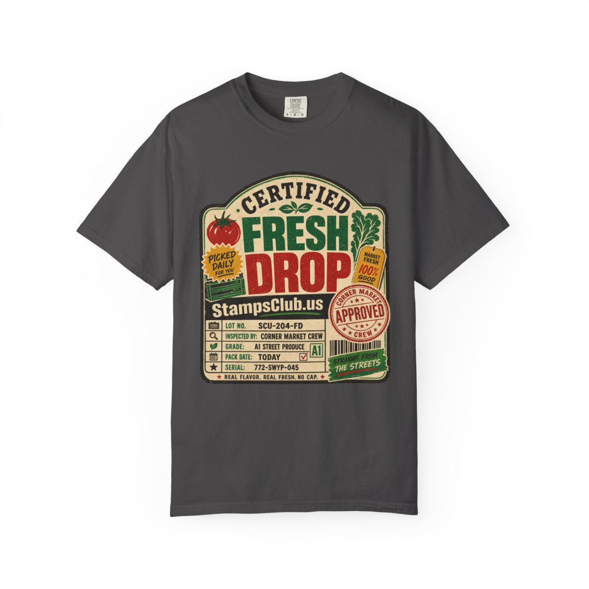 Certified Fresh Drop FarmersMarket Tee Graphite front mockup