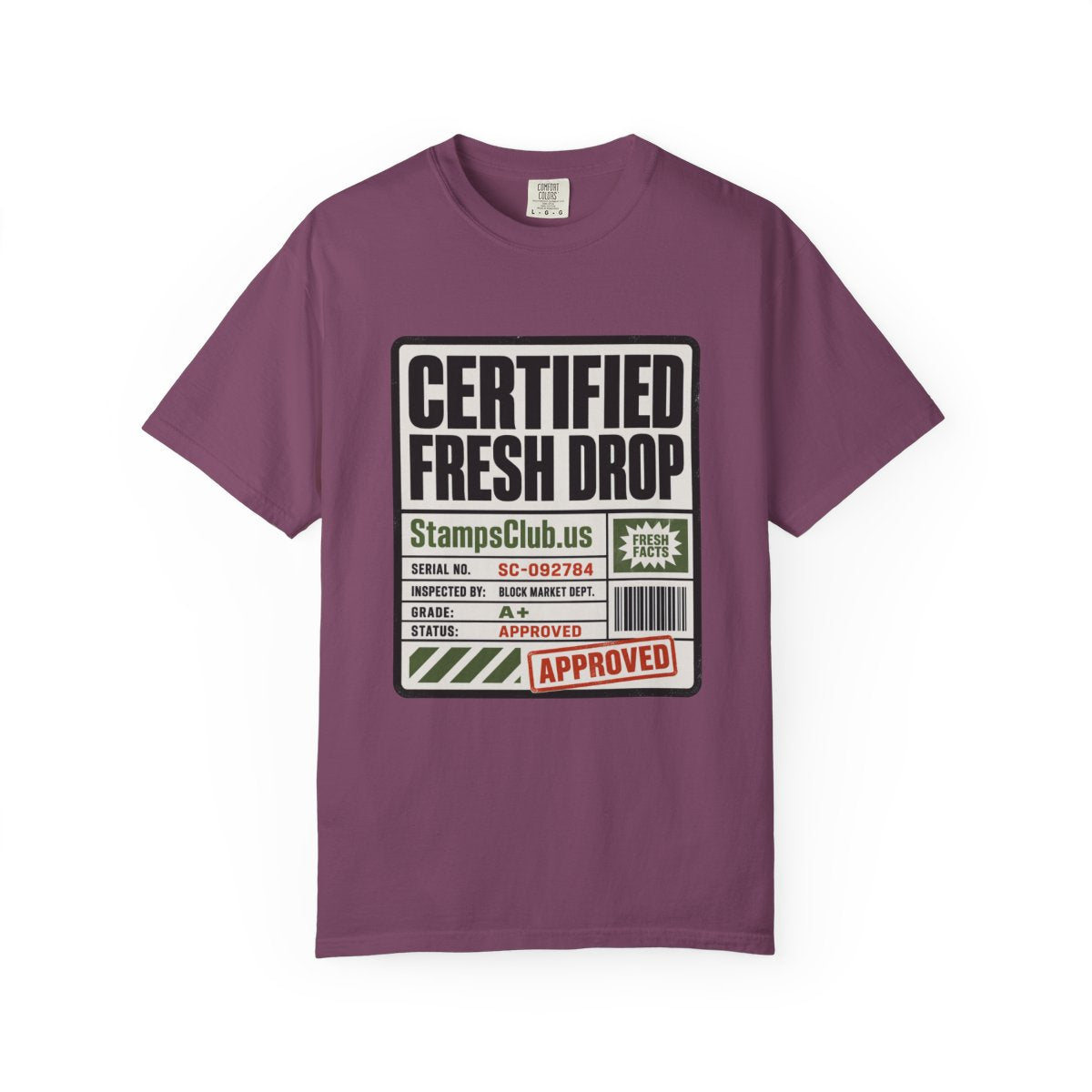 Certified Fresh Drop Minimalist Tee Berry front mockup
