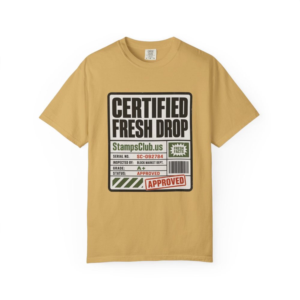 Certified Fresh Drop Minimalist Tee Mustard front mockup