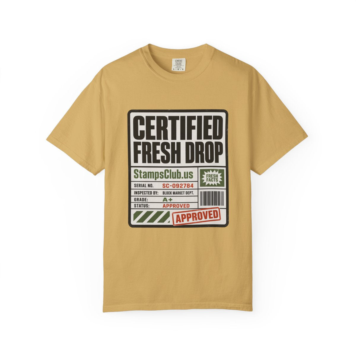 Certified Fresh Drop Minimalist Tee Mustard front mockup