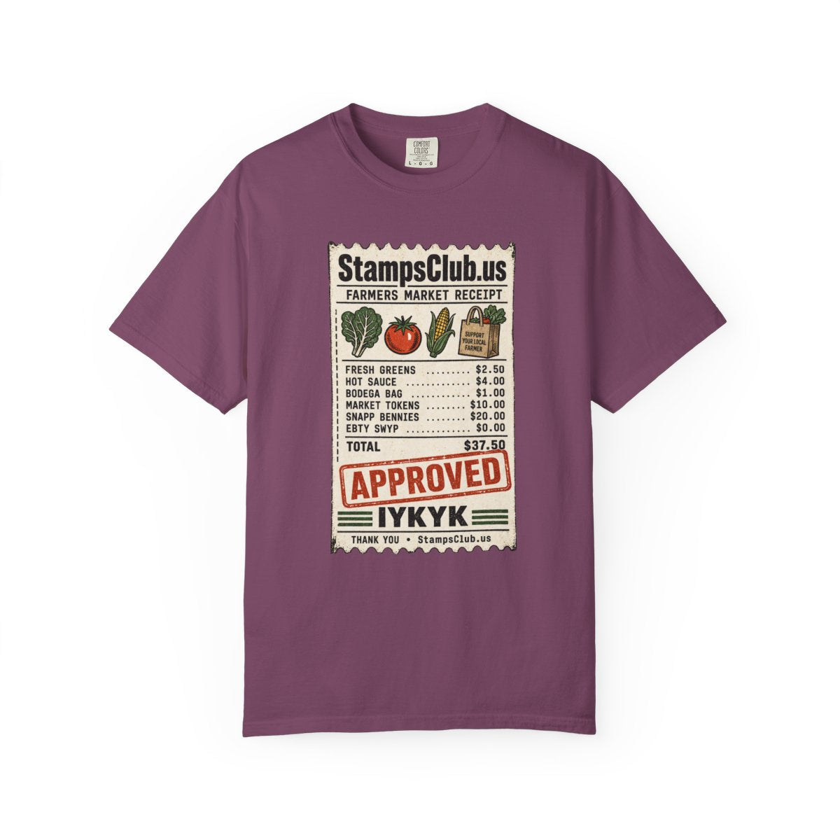 Club Receipt Tee FarmersMarket Tee Berry front mockup