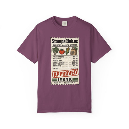 Club Receipt Tee FarmersMarket Tee Berry front mockup