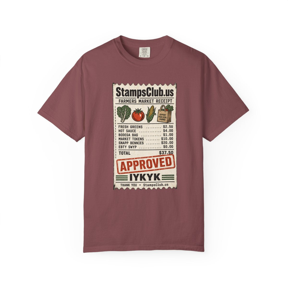 Club Receipt Tee FarmersMarket Tee Brick front mockup