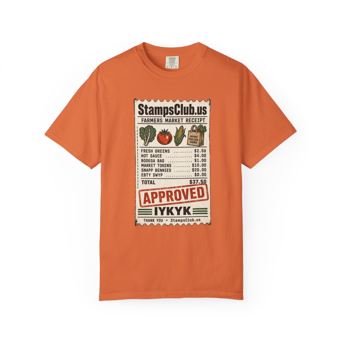 Club Receipt Tee FarmersMarket Tee Burnt Orange front mockup