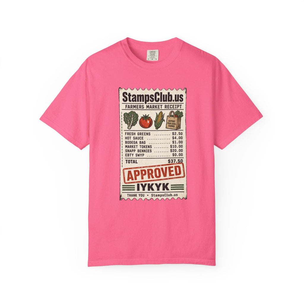 Club Receipt Tee FarmersMarket Tee Crunchberry front mockup