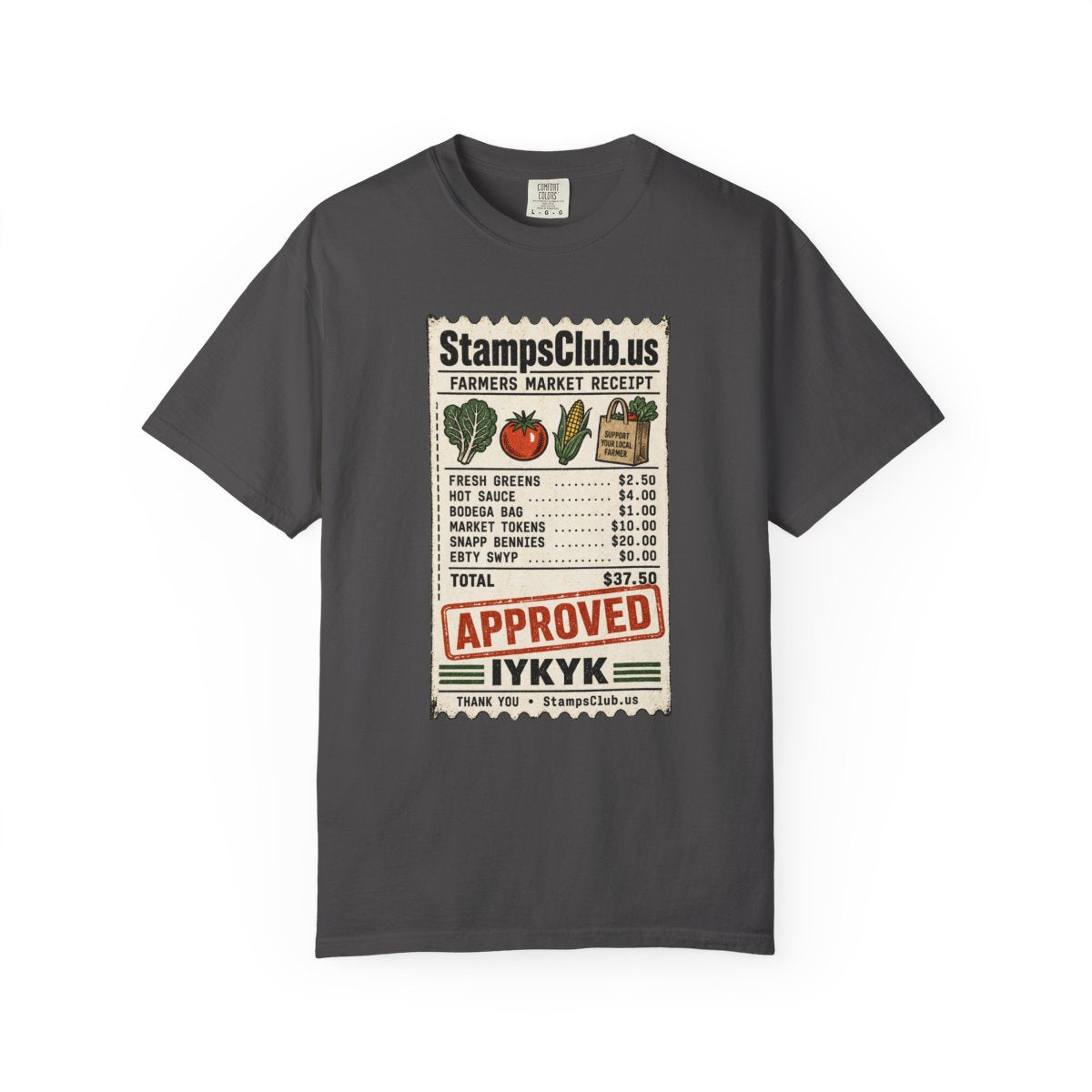 Club Receipt Tee FarmersMarket Tee Graphite front mockup