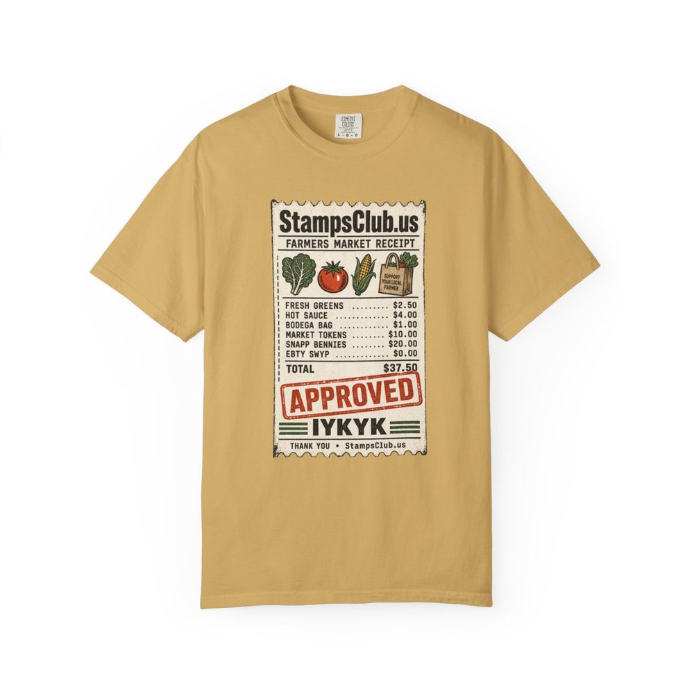 Club Receipt Tee FarmersMarket Tee Mustard front mockup