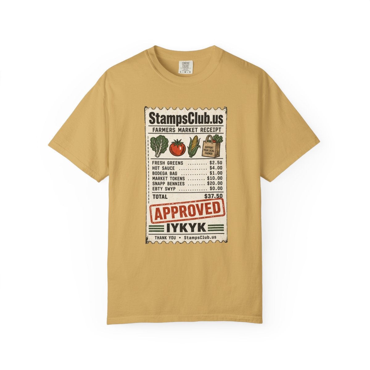 Club Receipt Tee FarmersMarket Tee Mustard front mockup