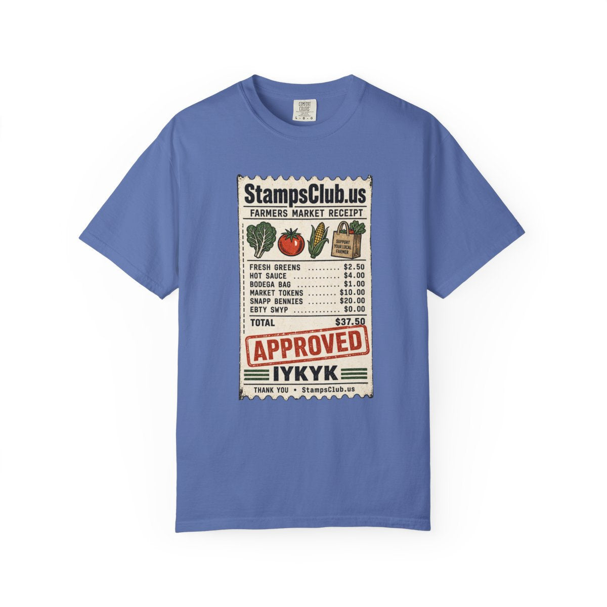 Club Receipt Tee FarmersMarket Tee Mystic Blue front mockup