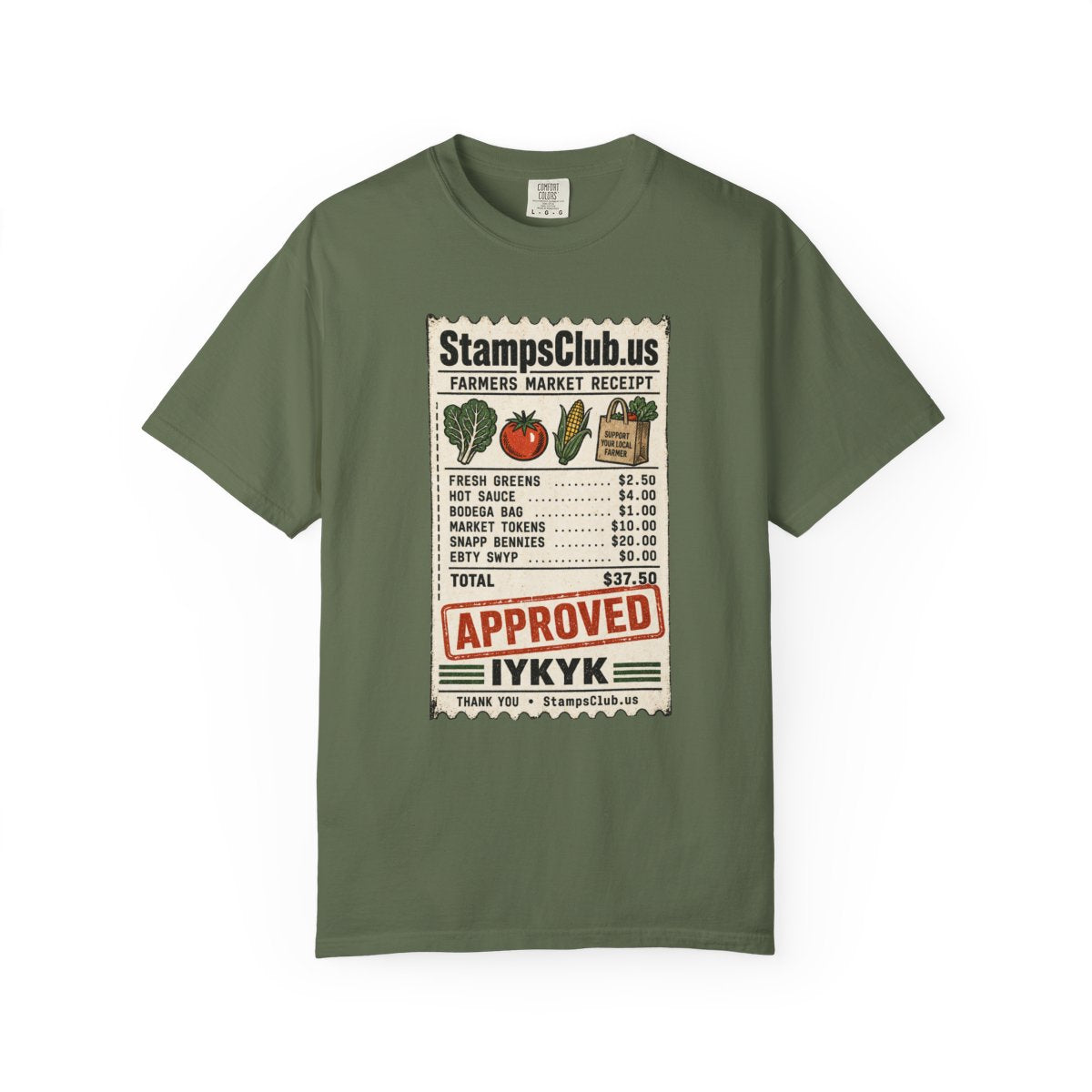Club Receipt Tee FarmersMarket Tee Sage front mockup