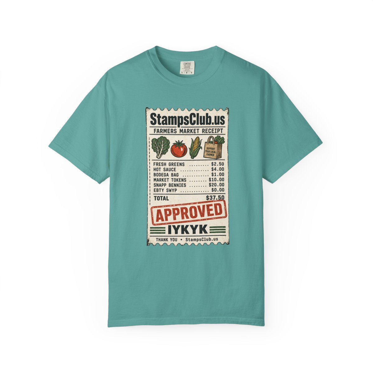 Club Receipt Tee FarmersMarket Tee Seafoam front mockup