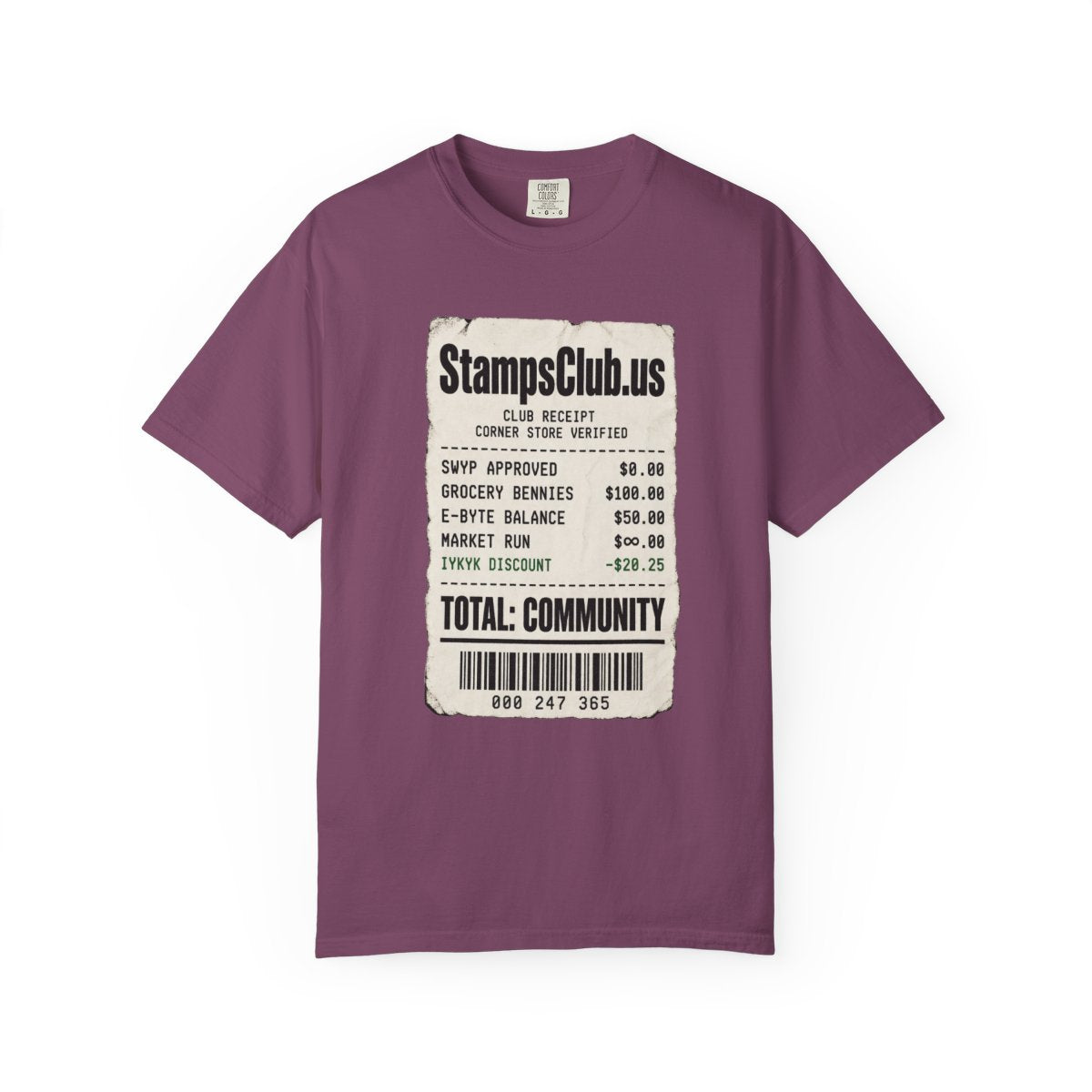 Club Receipt Tee Minimalist Tee Berry front mockup