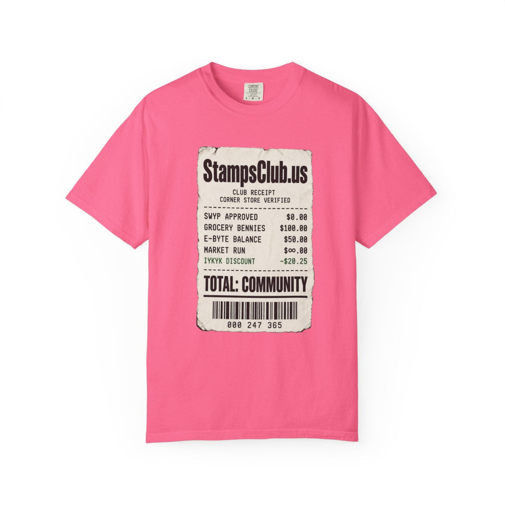 Club Receipt Tee Minimalist Tee Crunchberry front mockup