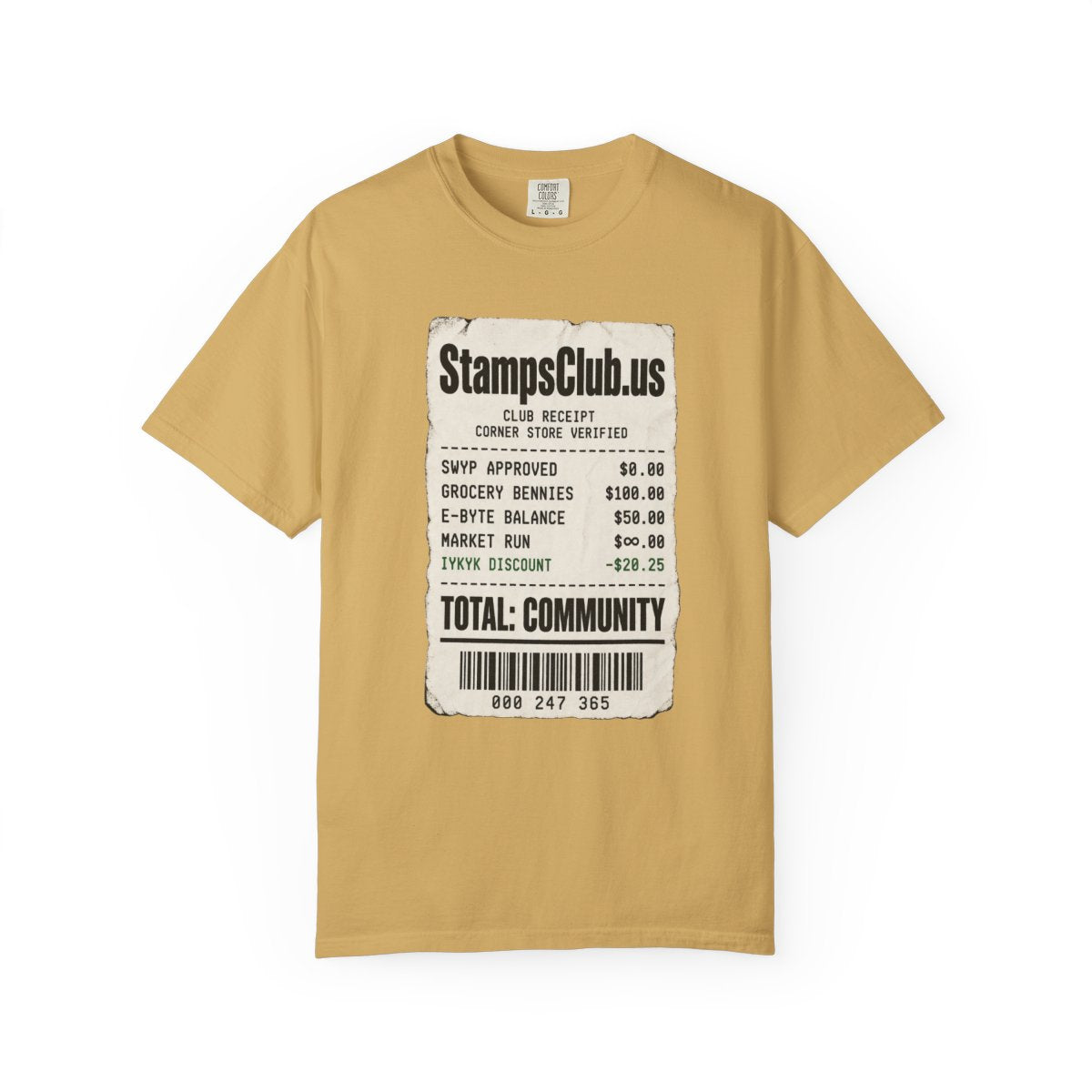 Club Receipt Tee Minimalist Tee Mustard front mockup