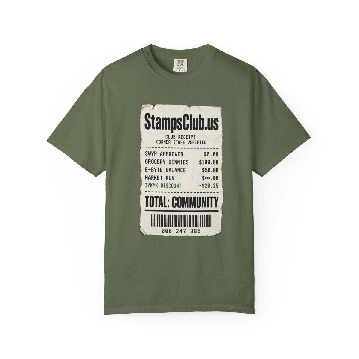 Club Receipt Tee Minimalist Tee Sage front mockup
