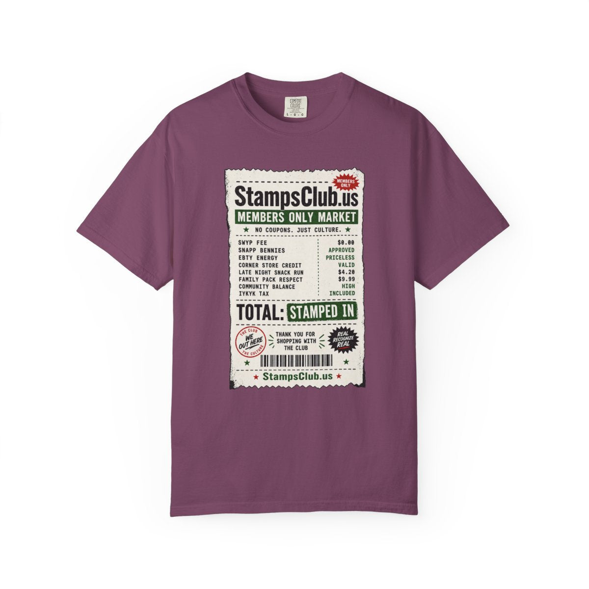 Club Receipt Tee Streetwear Tee Berry front mockup