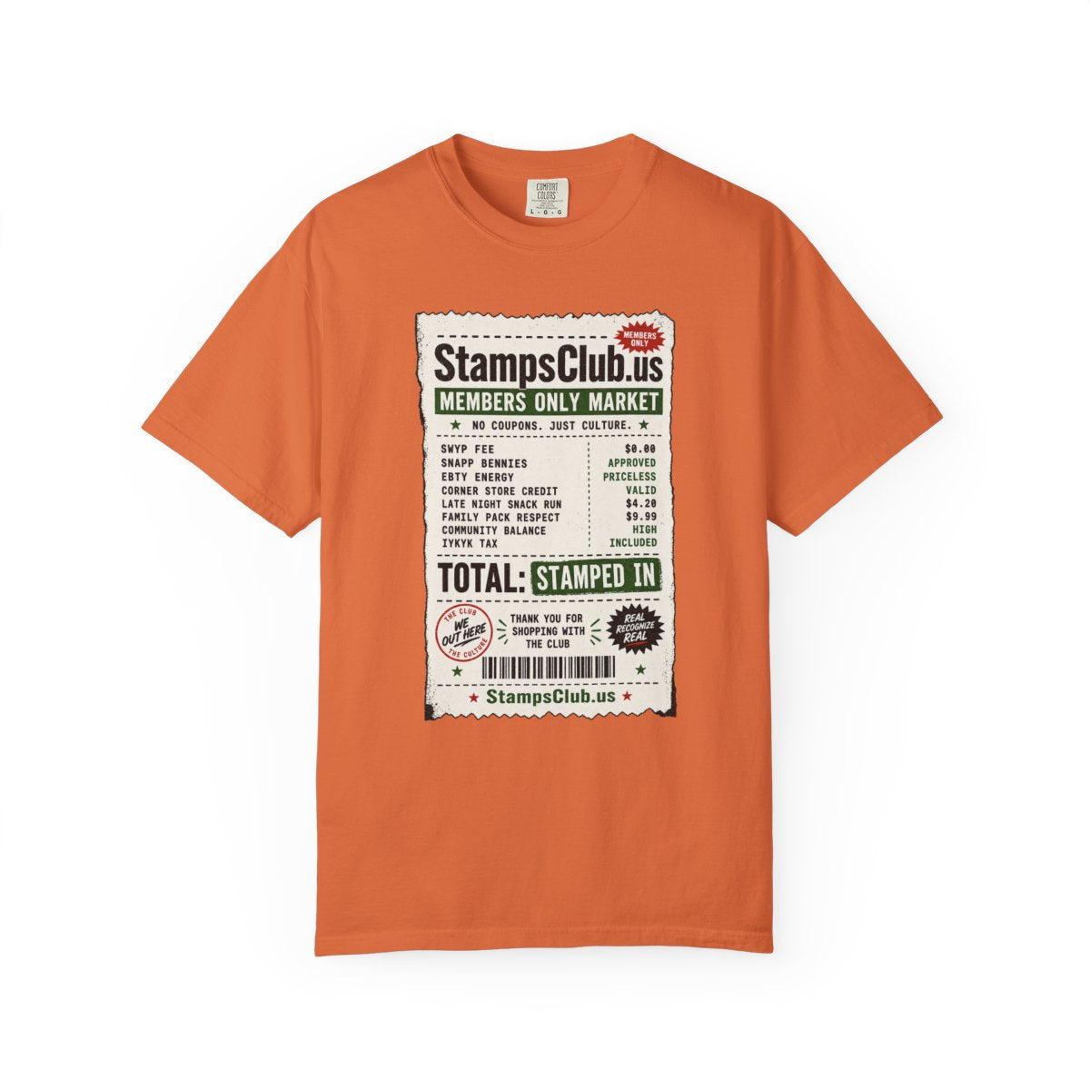 Club Receipt Tee Streetwear Tee Burnt Orange front mockup