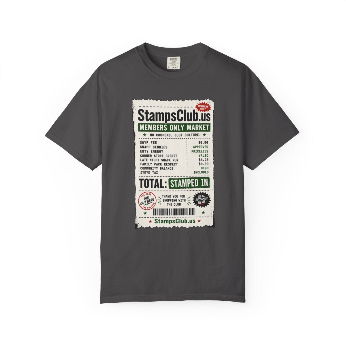 Club Receipt Tee Streetwear Tee Graphite front mockup
