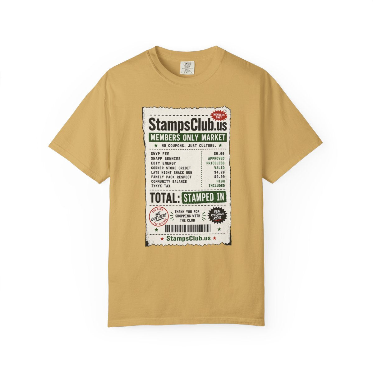 Club Receipt Tee Streetwear Tee Mustard front mockup