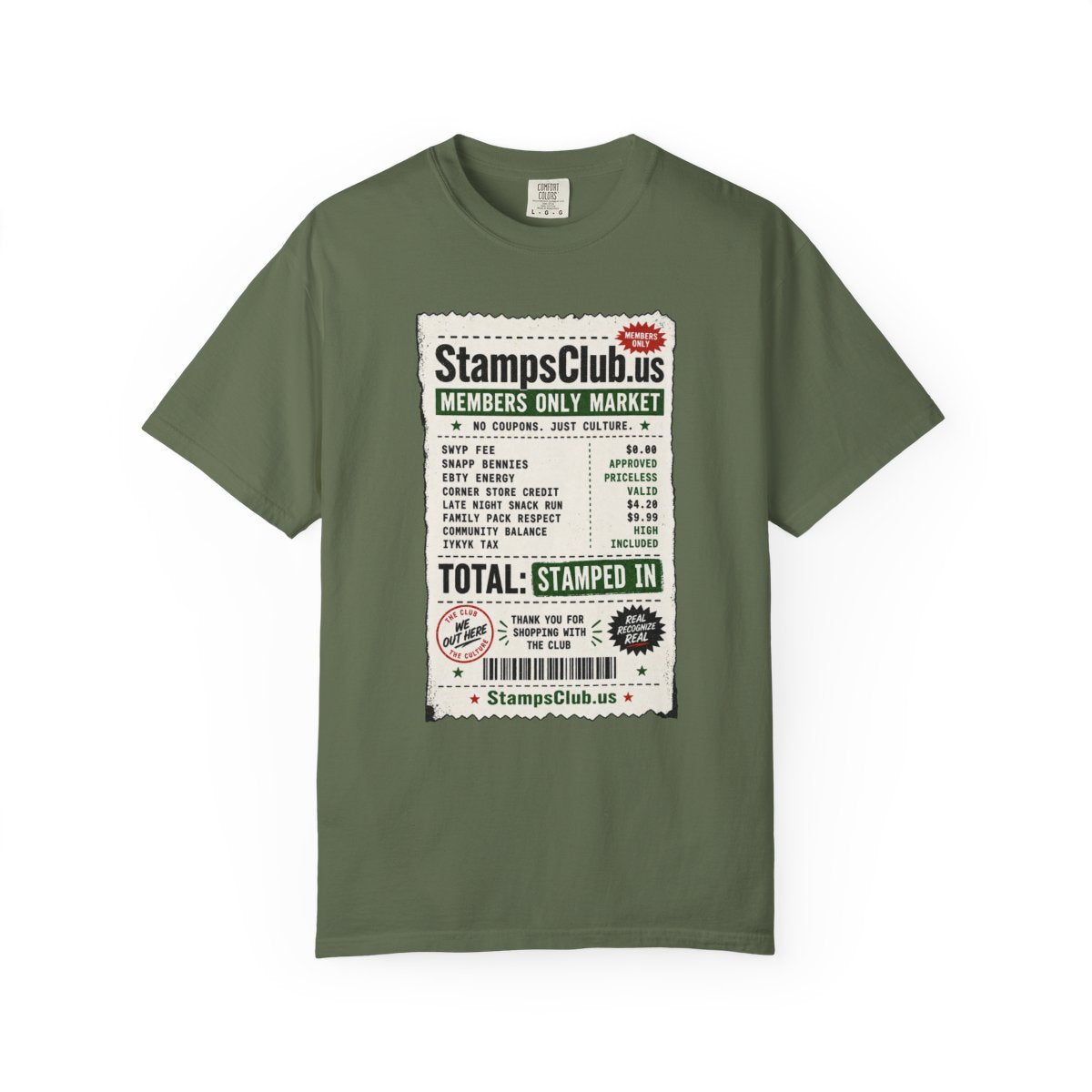 Club Receipt Tee Streetwear Tee Sage front mockup