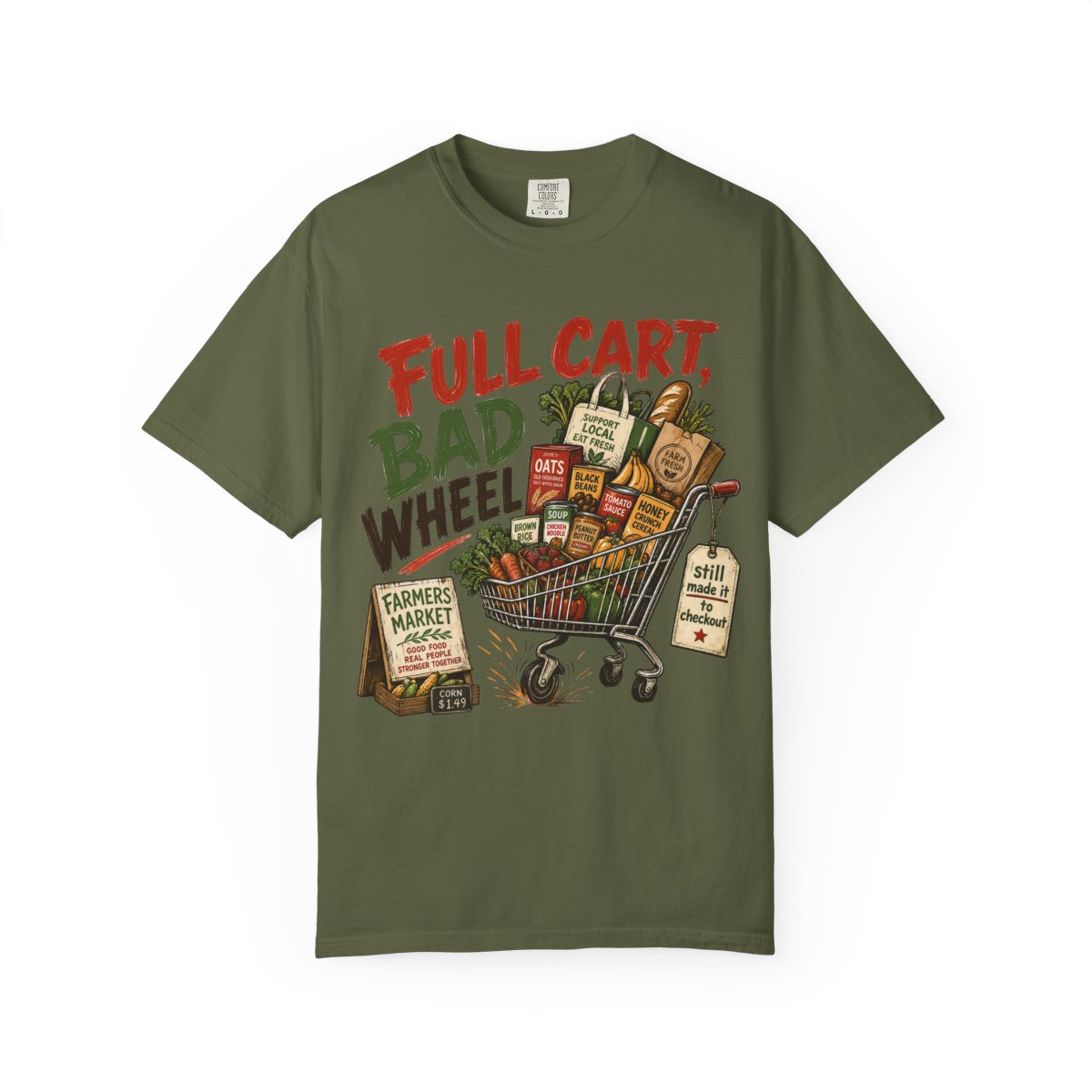 FULL CART BAD WHEEL FarmersMarket Tee Hemp front mockup