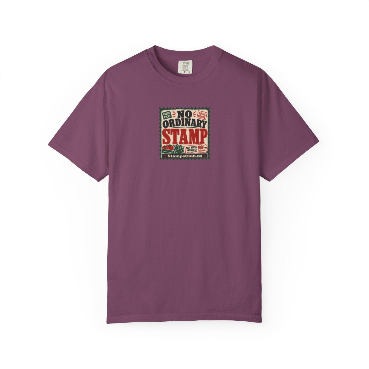 No Ordinary Stamp FarmersMarket Tee Berry front mockup
