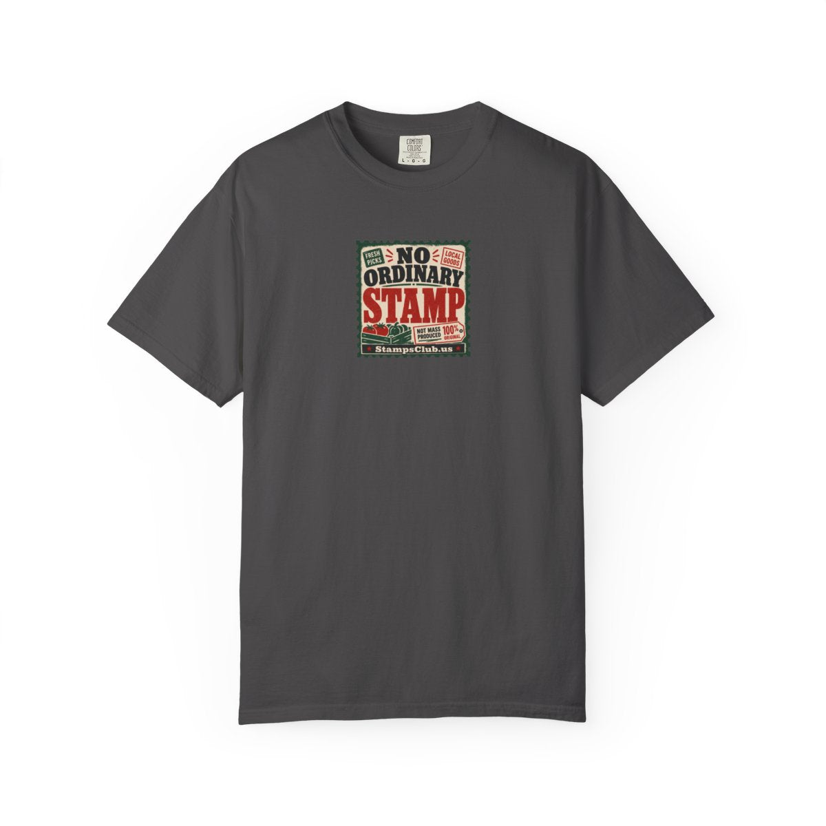 No Ordinary Stamp FarmersMarket Tee Graphite front mockup