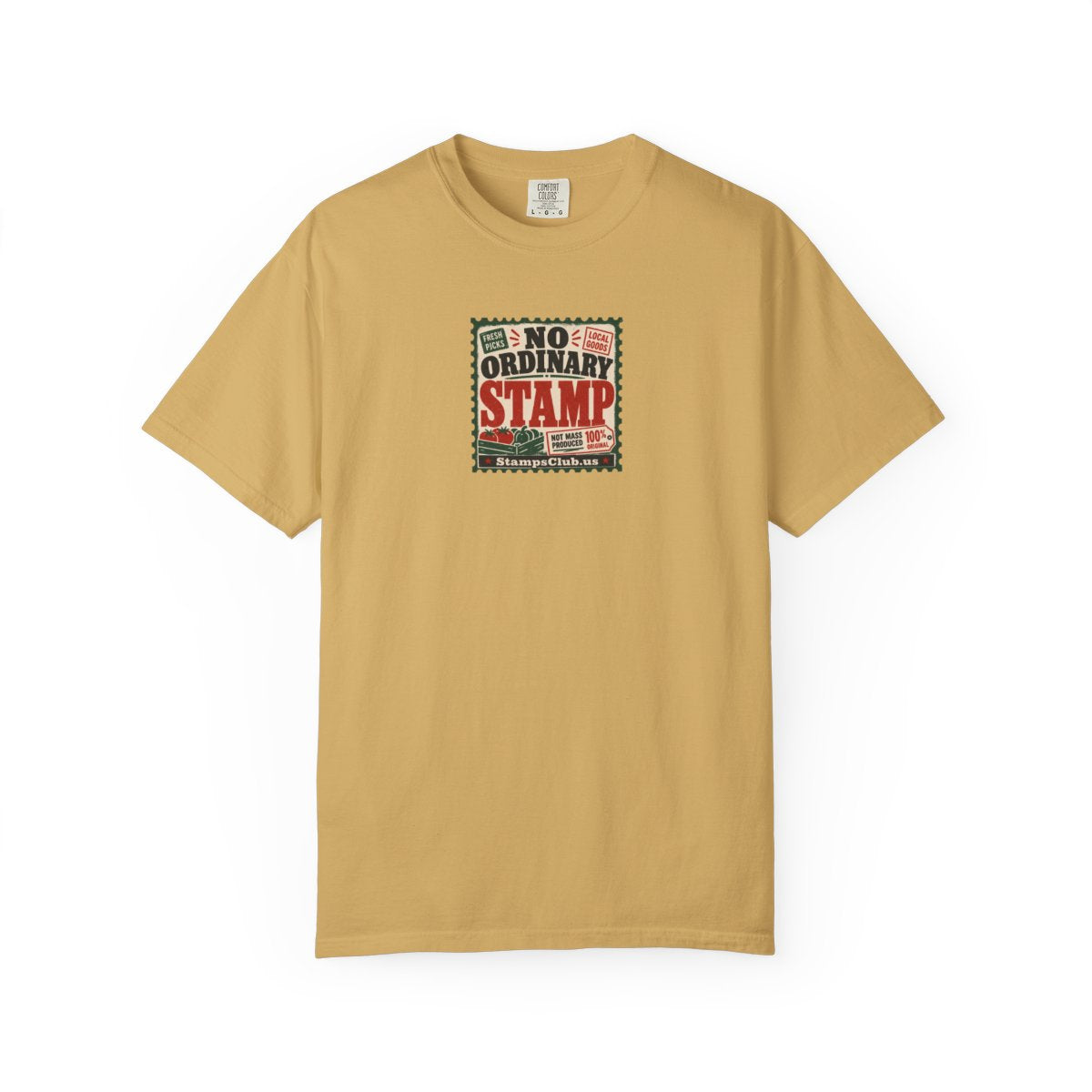 No Ordinary Stamp FarmersMarket Tee Mustard front mockup