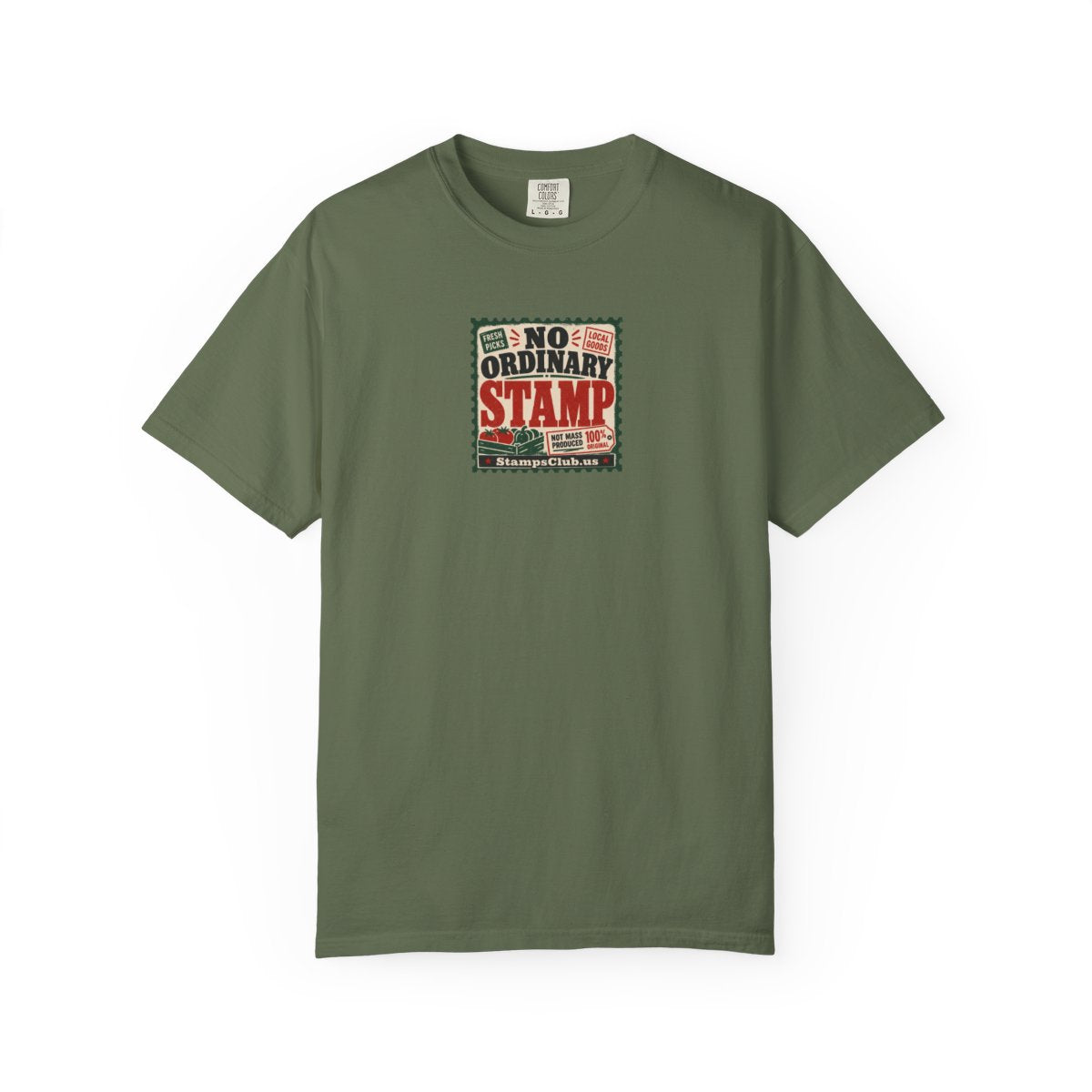 No Ordinary Stamp FarmersMarket Tee Sage front mockup