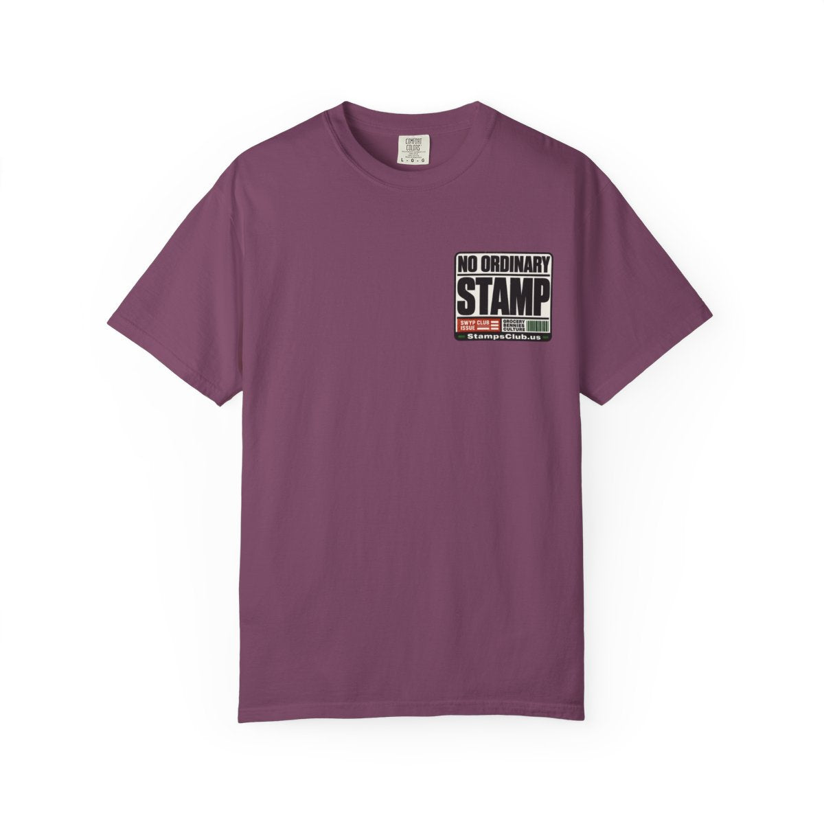 No Ordinary Stamp Minimalist Tee Berry front mockup