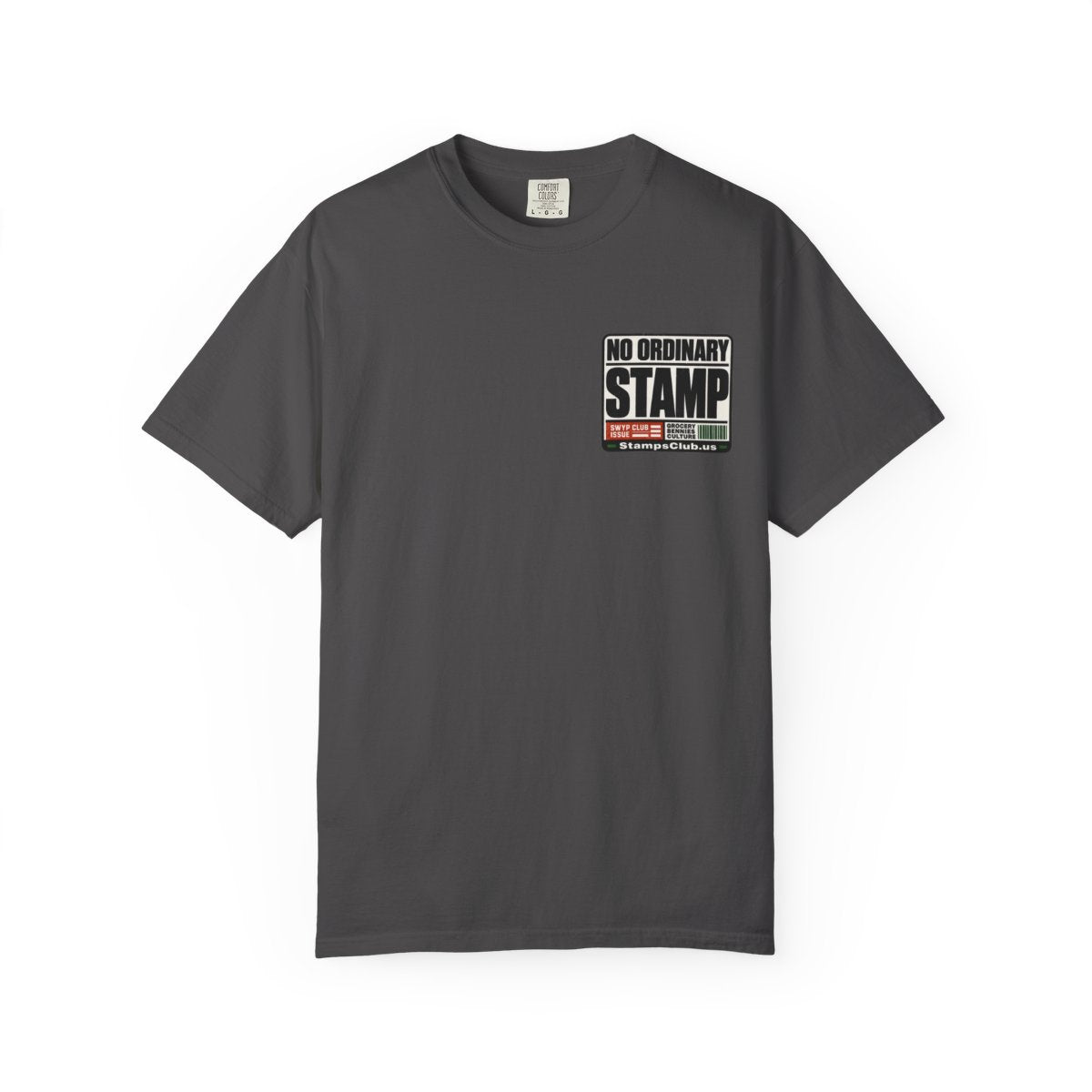 No Ordinary Stamp Minimalist Tee Graphite front mockup