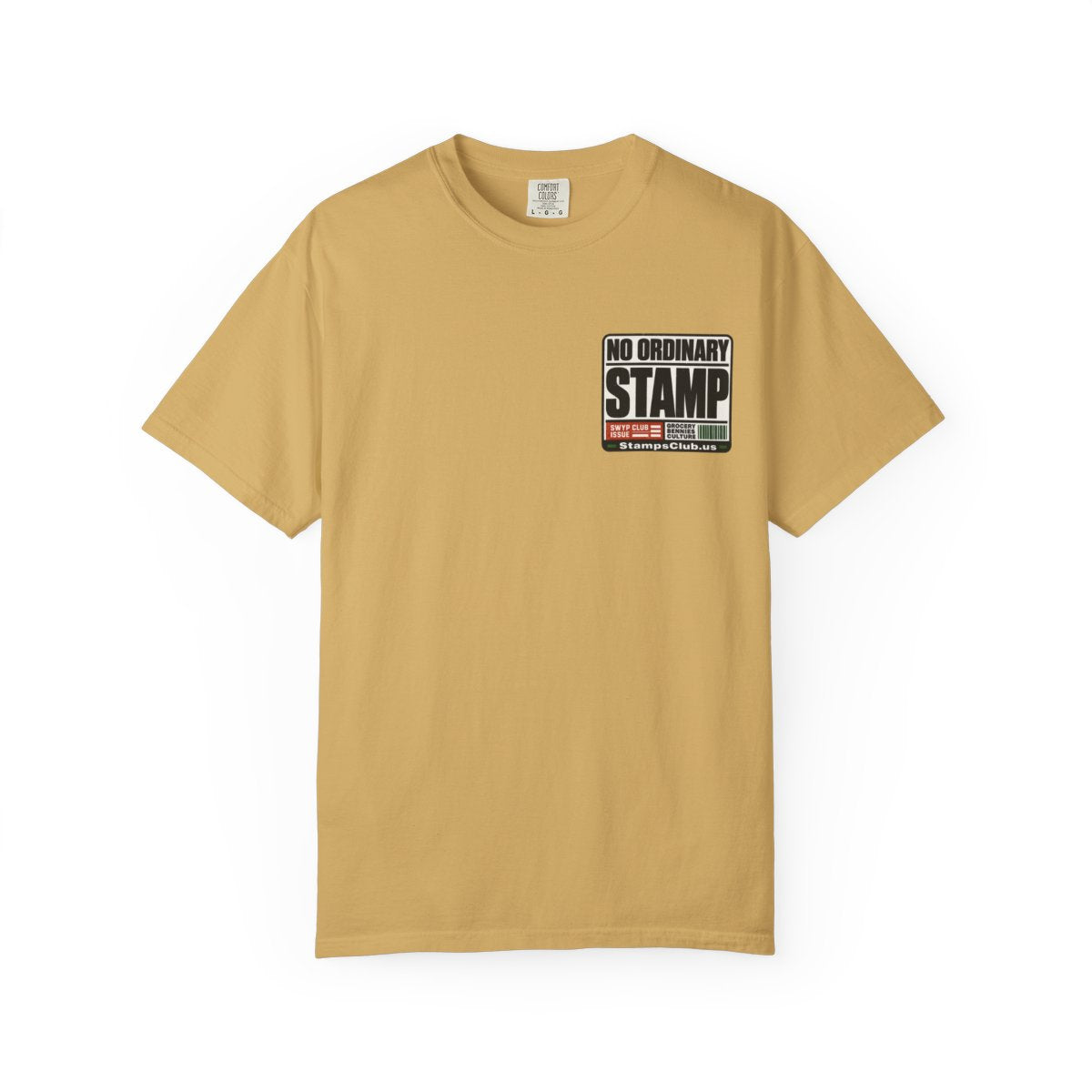 No Ordinary Stamp Minimalist Tee Mustard front mockup
