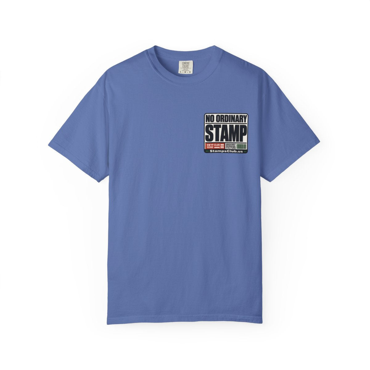 No Ordinary Stamp Minimalist Tee Mystic Blue front mockup